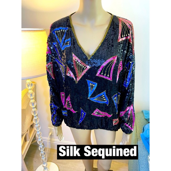 Party Time Formals Tops - Silk Sequined Black Blouse Sz Sm. Vintage perfection